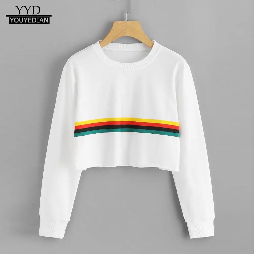 

White Women Sweatshirt 2019 Long Sleeve Rainbow Printing Round Neck Cropped Sweatshirt Blouse Pullover Tops moletom feminino