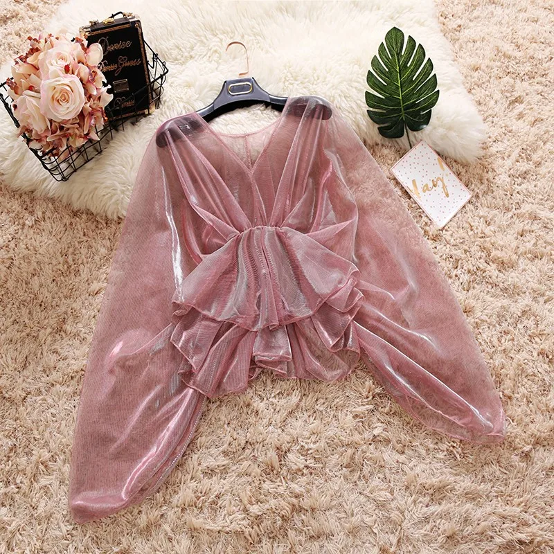 2018 summer new female V-neck ruffles Mesh shirt women's batwing sleeve waist sweet Flounced sun protection shirts women blouse 2018 summer new female V-neck ruffles Mesh shirt women's batwing sleeve waist sweet Flounced sun protection shirts women blouse