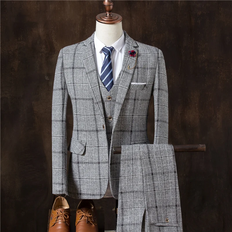 

HCXY Men's West Slim Men Plaid Suit 3 Piece Suit Wedding Groom Wedding Man Business Casual Suit Workwear male blazers jacket
