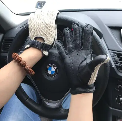 Mens Goatskin Leather Gloves Back Knitted Gloves Lambskin NEW Unlined Non-Slip Motorcycle Driving Gloves Male Leather Mittens 