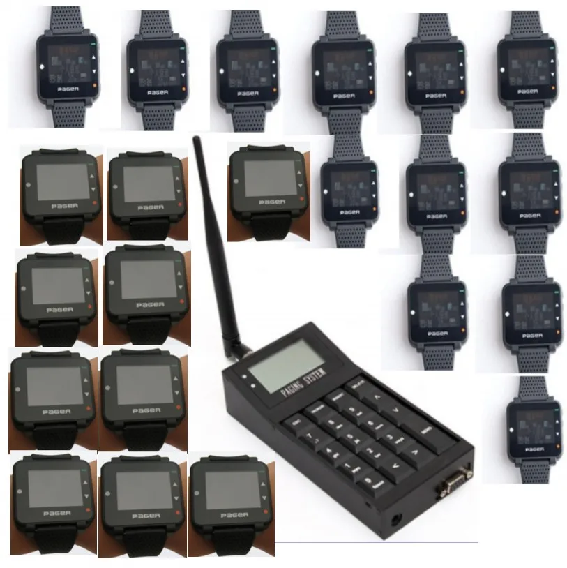 

Pocsag paging system, 1pc can link to computer wireless calling system transmitter, 20pcs Pocsag watch pager, text message call