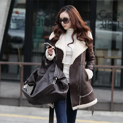 2016 New Winter Jacket Women Lamb Wool Lapel Medium long Suede Fabric Wadded Belt Slim Parka