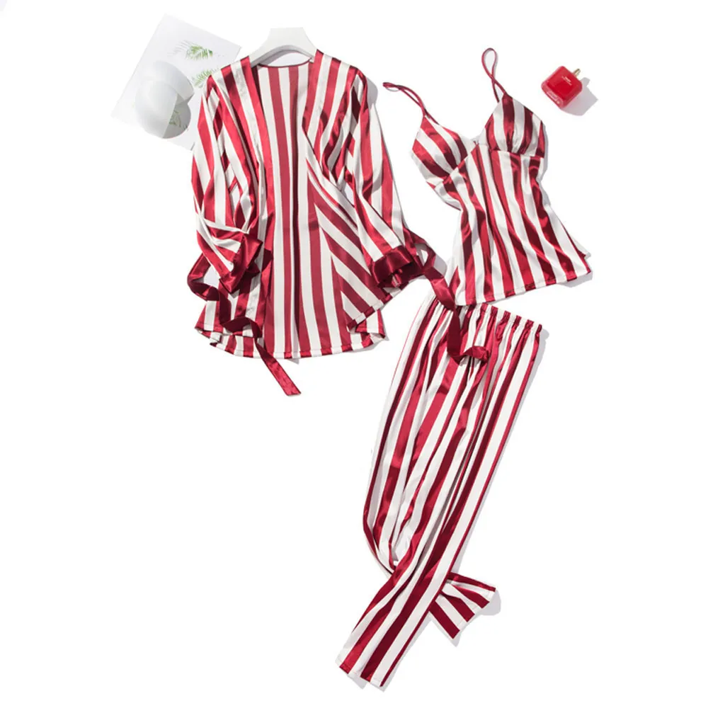 

Women's Fashion Striped Pajamas Sleepwear Long Trousers Nightwear 3PC Set pijama mujer verano 2019#ZY