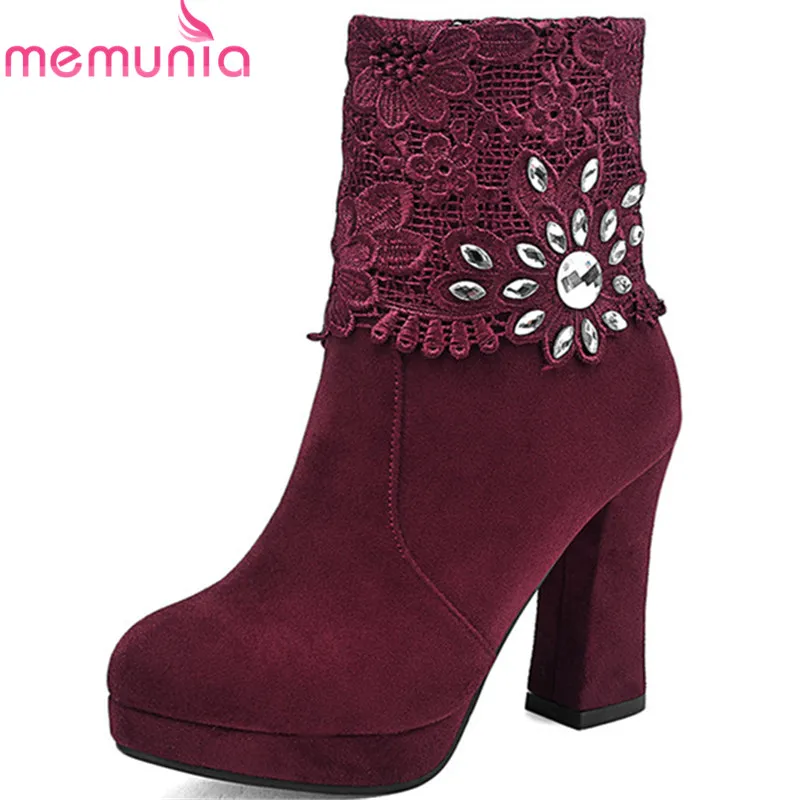 

MEMUNIA 2018 hot sale boots women flock round toe ankle boots zipper Rhinestone high heels boots fashion platform shoes woman