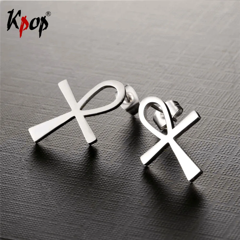 

Kpop Religious ANKH Cross Charm Earring Gold Color Egyptian Peace Faith Key Of Life Pend Stainless Steel Stud Earring E2125