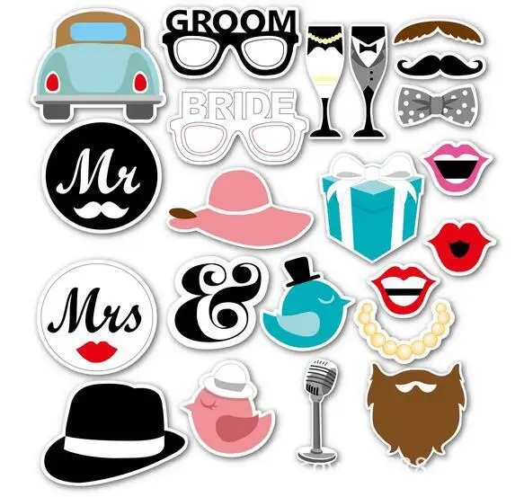 

22pcs Wedding Decoration Photo Booth Props DIY Mr and Mrs Photobooth Props Photo Accessories Wedding Event Party Supplies