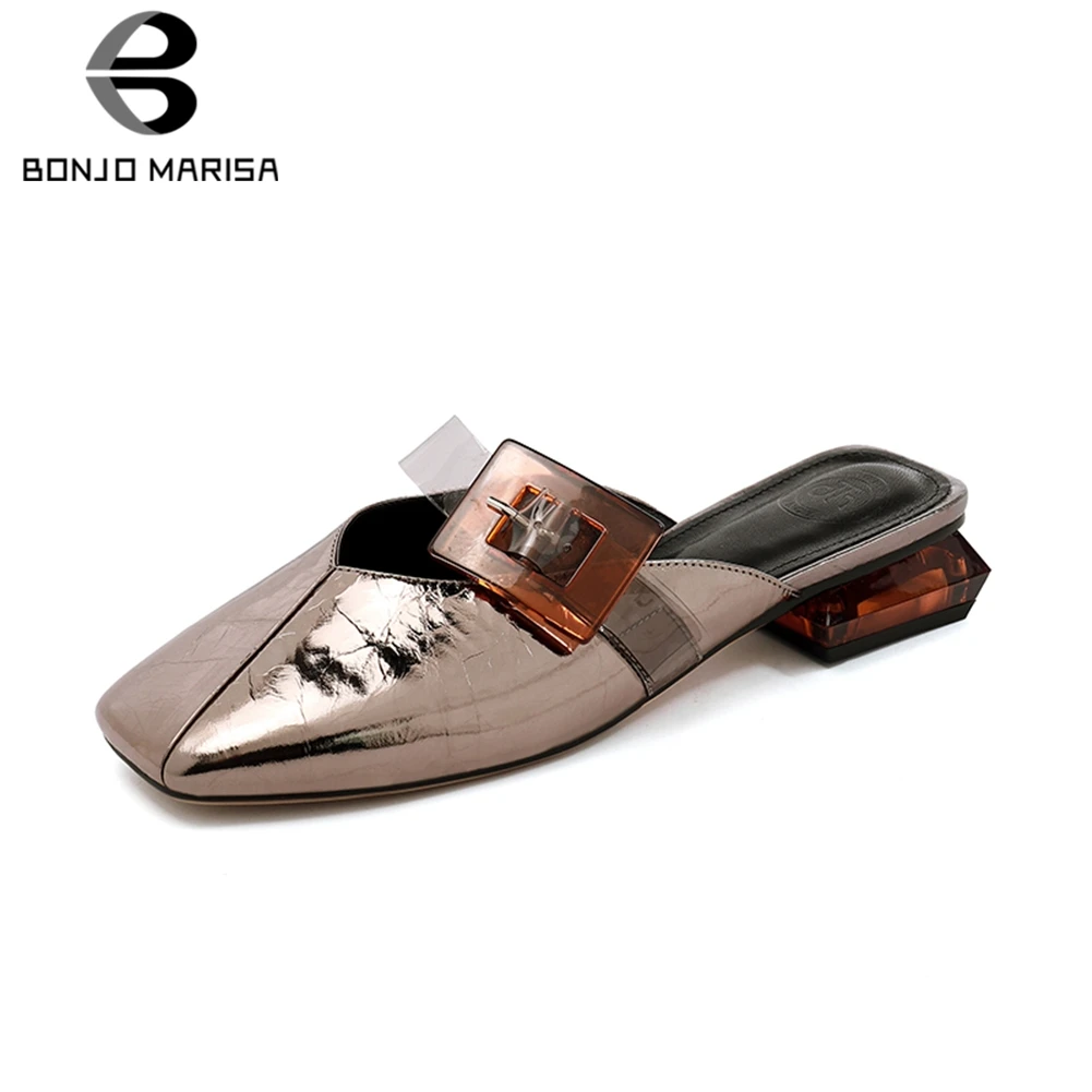 

BONJOMARISA 2019 New Fashion Summer Genuine Leather Shoes Mules Women Low Heels Slippers Women Shoes Woman Larege Size 34-42
