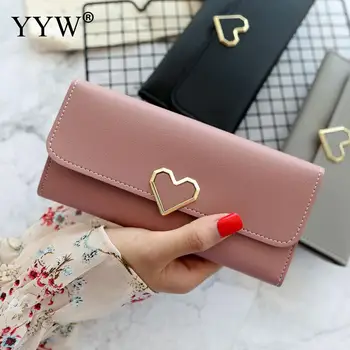 

Women Wallets Faux Leather Long Section Hasp Purse Hollow Heart Cover Korean Style Ol Fold Clutch Coin Pocket Card Holder Solid