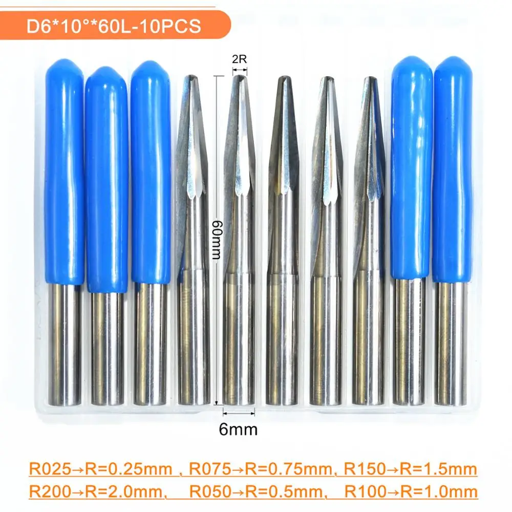6mm*60l,10pcs,free Shipping Taper Ball Nose Cone End Mill,cnc Milling