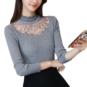 

Lace Sweater Women Basic Slim High Elastic Long Sleeve Diamond Lace Knitwear High Neck Bottoming Knitted Tops Women Pullovers