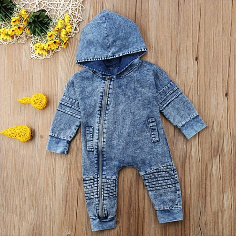 

Baby Boy Clothes for Girl Fashion Long Sleeve Solid Print Newborn Denim Hoodie Rompers Jumpsuit Costumes