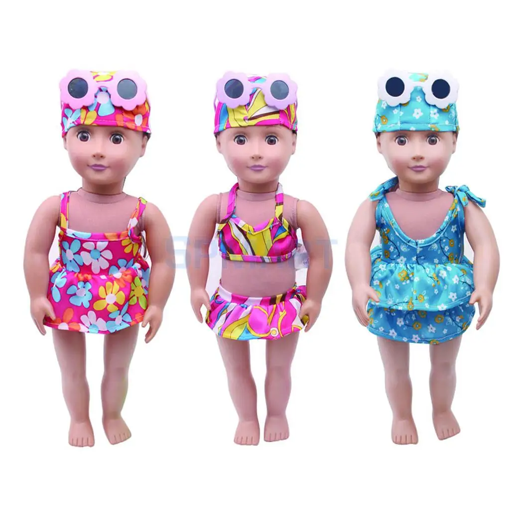 

3pcs Swimwear Swimsuit Clothes For 18 inch American Girl Doll Our Generation Doll Clothes Bikini Tops Skirt dress w/ briefs Hat