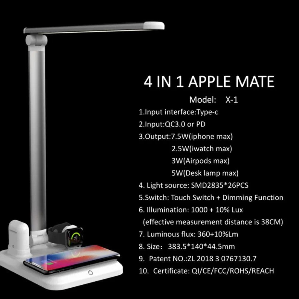 

4in1 LED Table Wireless Charger Foldable Touch Switch Brightness Dimming Light Eye-Care for iPhone Watch Pad For Huawei Samsung