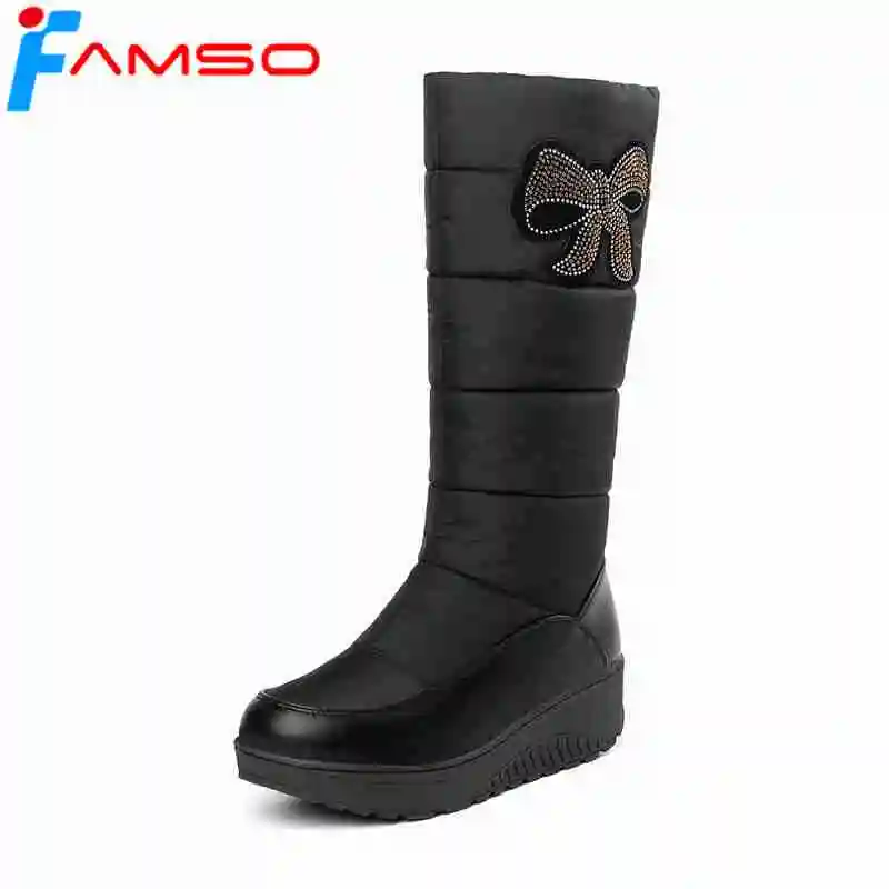

FAMSO 2018 Big Size 35-43 New Fashion Black Blue Red Rhinestone Knee High Boots Winter Russia Waterproof Full Fur Snow Boots