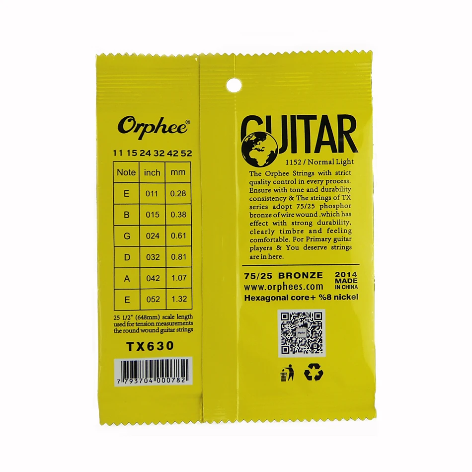 Orphee ACOUSTIC Guitar String  (011-052) Hexagonal core+8% nickel FULL,Bright tone&Normak Light