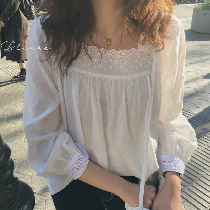 

Womens Spring Summer Cotton Blouses Jacquard Ladies Tops Square Collar White Shirt Loose Plus Size Camisas Mujer Camiseta