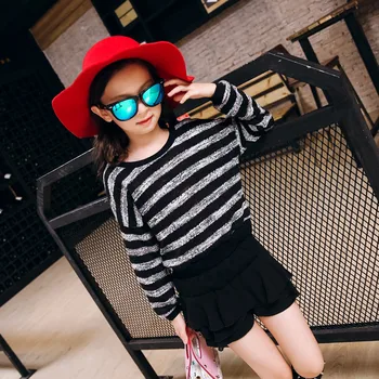 

Children's Clothing Autumn Winter New Girls Round Collar Pure Color Korean Baby Kids Sweaters Black Blue Stripe Kintting