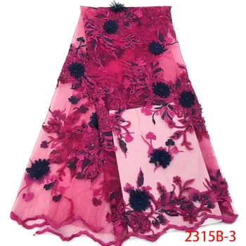 

2019 High Quality French Red Tulle Lace Fabric Nigerian Black 3d Flowers Tulle Lace Fabric And Beaded Material Dress AMY2315B-2