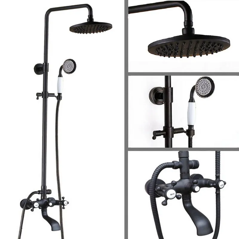 

Black Oil Rubbed Brass Wall Mounted Bathroom 8" Round Rain & Hand Shower & Tub Faucet Set Dual Cross Hot/Cold Handle ahg106