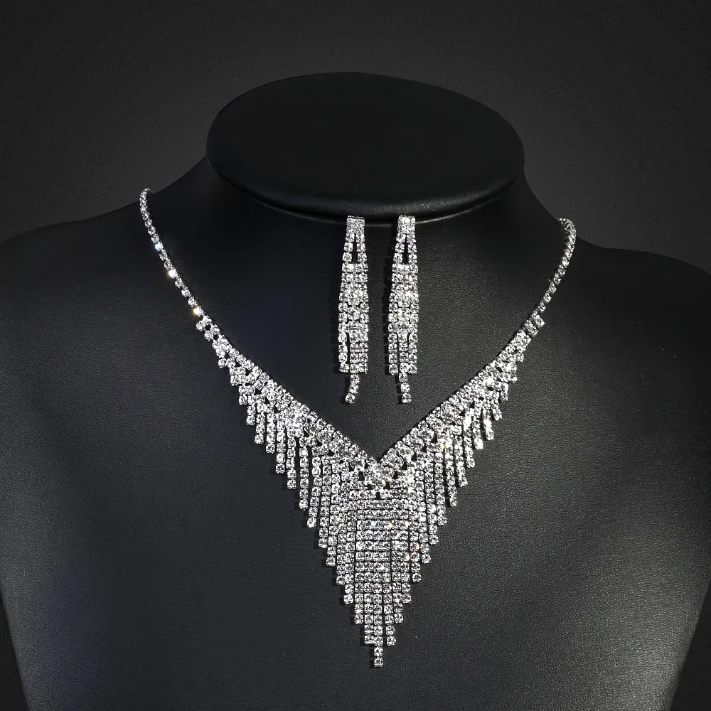 New Design Classic Crystal Bridal Choker Luxury Jewelry Necklace Earrings Sets For Wedding