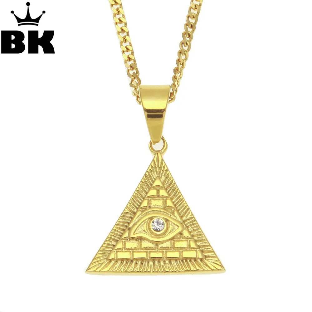 

Mens Stainless Steel Gold Tone Charm Hip Hop Eye of Horus Pyramid Egyptian Pendant Egyptian Kemetic Jewelry in Rhinestone
