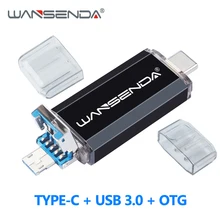 WANSENDA OTG 3 в 1 флеш-накопитель USB 3,0 usb-накопитель type-C 32 Гб 64 Гб 128 ГБ 256 ГБ 512 ГБ флеш-накопитель для Android мобильных устройств/ПК