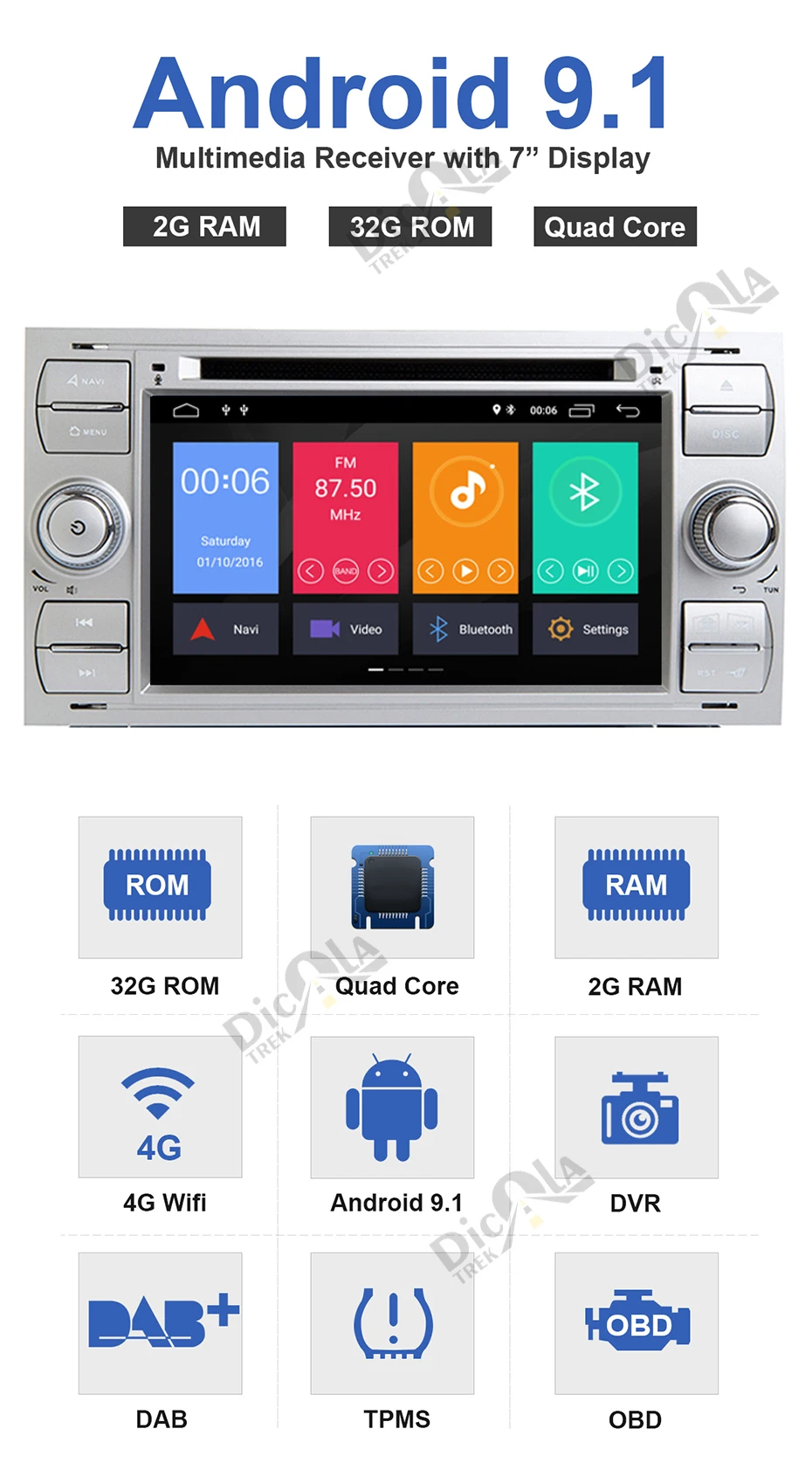 Flash Deal 7" 2 din android 9.1 Quad cores car dvd player gps for ford focus 2/mondeo/s max/c-max/fusion/fiesta/transit radio head unit 3