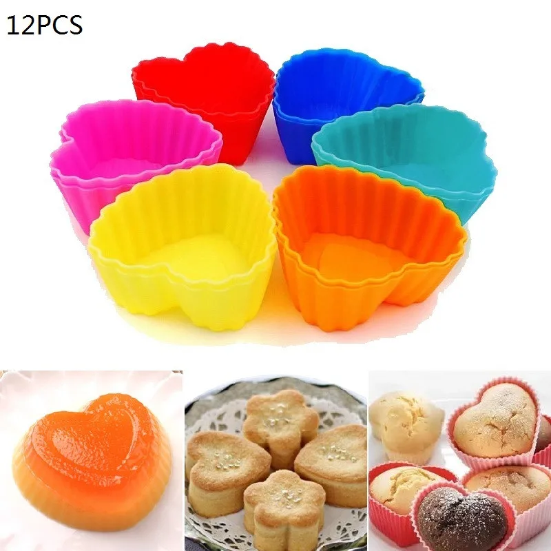 

Dozzlor 12PCs/Lot Heart Shape Silicone Mini Cupcake Liners Cake Tools Reusable Cake Mold Cupcake Muffin Cups Baking Tool Molds