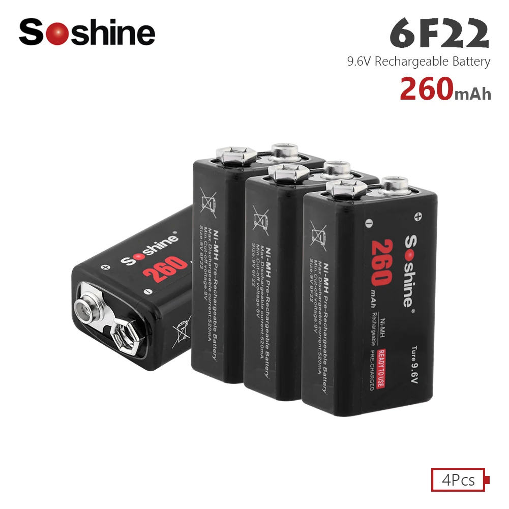 

Soshine 4PCS New 6F22 PPP3 6LR61 Battery 260mAh Ni-MH 9.6 V Rechargeable Batteries For Smoke detectors Wireless Microphones