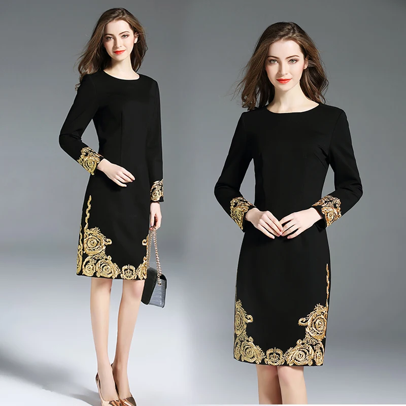 Cena 2018 nowa wiosna lato moda odzież damska haft w kwiaty sukienka w jednolitym kolorze długie rękawy O Neck sukienki formalne kobieta
