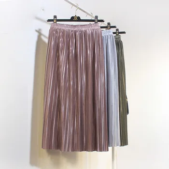 

U-SWEAR women summer satin pleated midi skirt tulle metallic skirt Vintage elegant casual High waist beach falda mujer moda