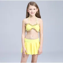 Купальник для девочек юбка Стиль купальный Костюмы Трусики бикини комплект из 3 предметов дети Купальники для малышек розового цвета Милая одежда Одежда заплыва Костюмы bathsuit