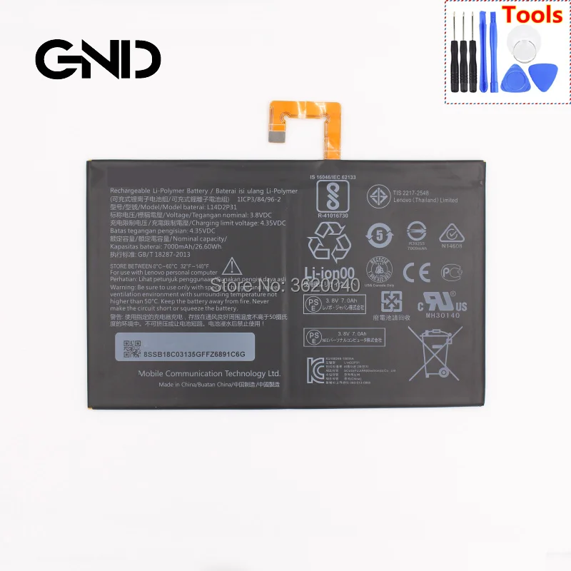 

GND 3.8V 7000mAh/26.6Wh L14D2P31 Battery For LENOVO Tab 2 TAB2 A10-70F A10-70L A10-70LC TB2-X30F TB2-X30M Li-ion Batterie