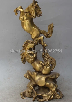 

15" lucky Chinese Bronze Carved Double Running Successful Horse On Base Statue