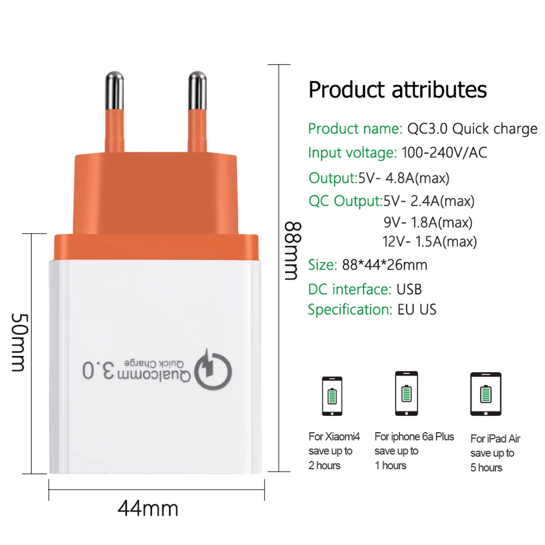 Универсальное зарядное устройство USB 18 Вт, быстрая зарядка QC3.0 2,0, для путешествий, для быстрой зарядки, для ЕС, для зарядки мобильного телефона, для iPhone, samsung, Xiaomi