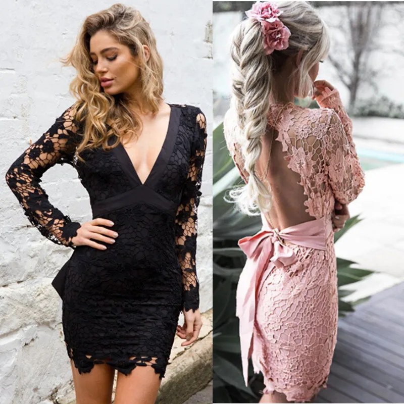 

Summer Dress Long Sleeve Backless Bowknot Dresses Sexy Women V-neck Long Sleeve Beach Lace Patchwork Girls Black Pink Dress