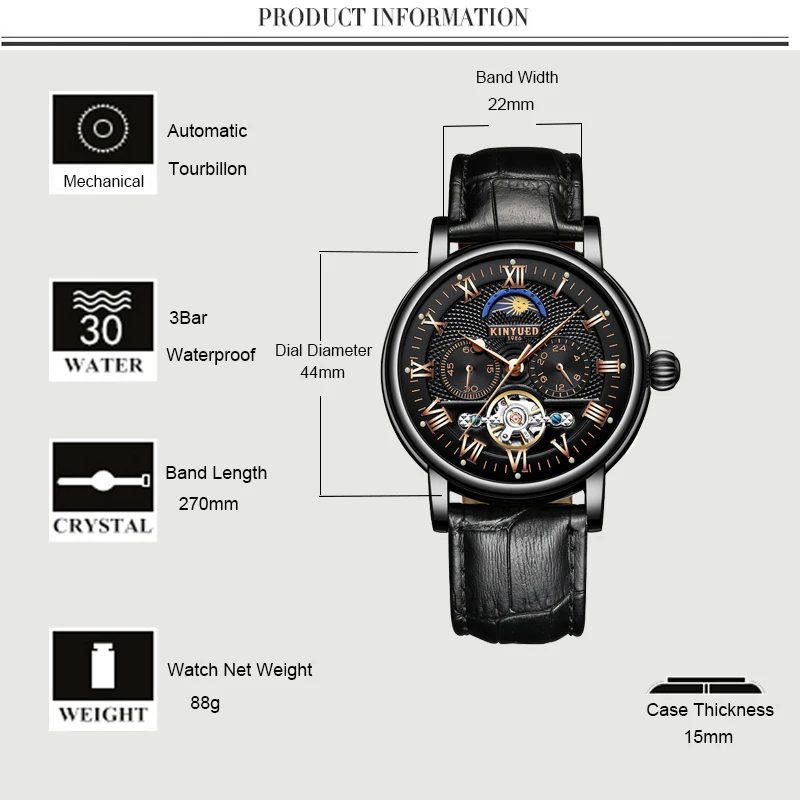 Kinyued القمر المرحلة توربيون رجل الهيكل العظمي ووتش الرجال كرونوغراف التلقائية الميكانيكية الساعات الفاخرة relogio masculino