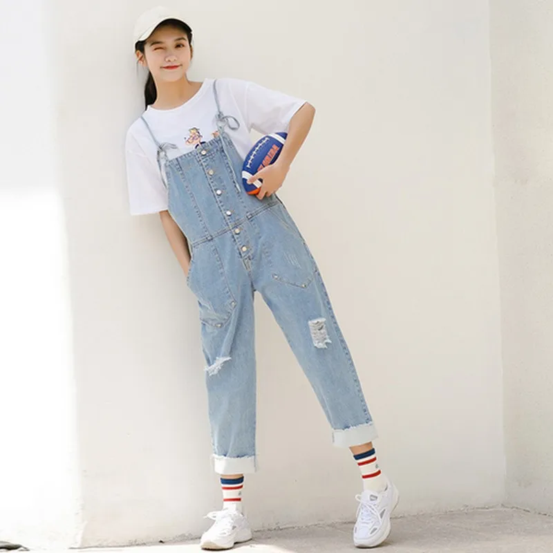 Overalls For Women Korean Frayed Jeans Jumpsuits Adjustable Lace up ...