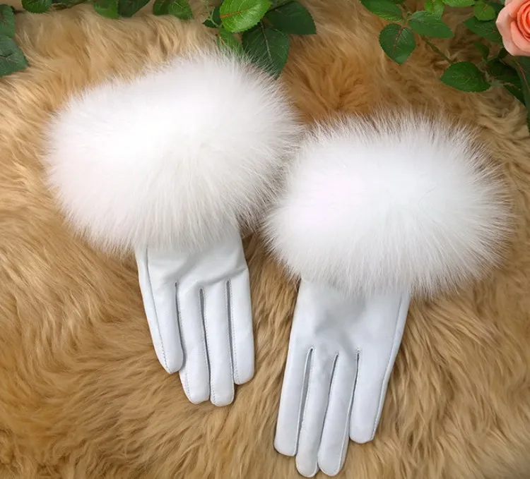 Женские перчатки из лисьего меха настоящая овчина кожаные перчатки теплые кожаные перчатки Модные#4045