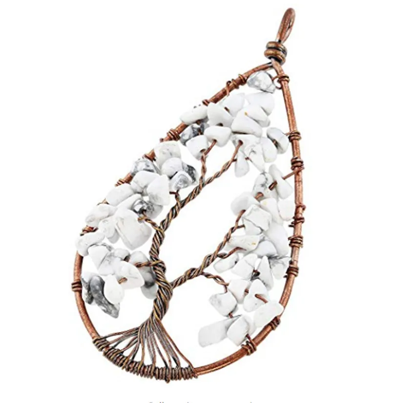 

FYJS Unique Jewelry Copper Plated Wire Wrap Tree of Life Water Drop White Howlite Stone Pendant
