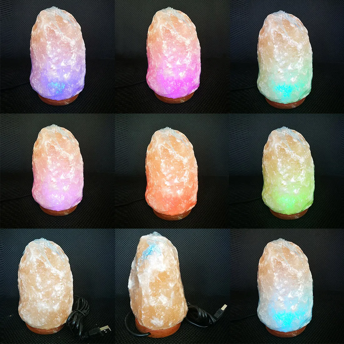 

Natural Shape Hand Carved USB Wooden Base Himalayan Crystal Rock Salt Lamp Air Purifier Night Light