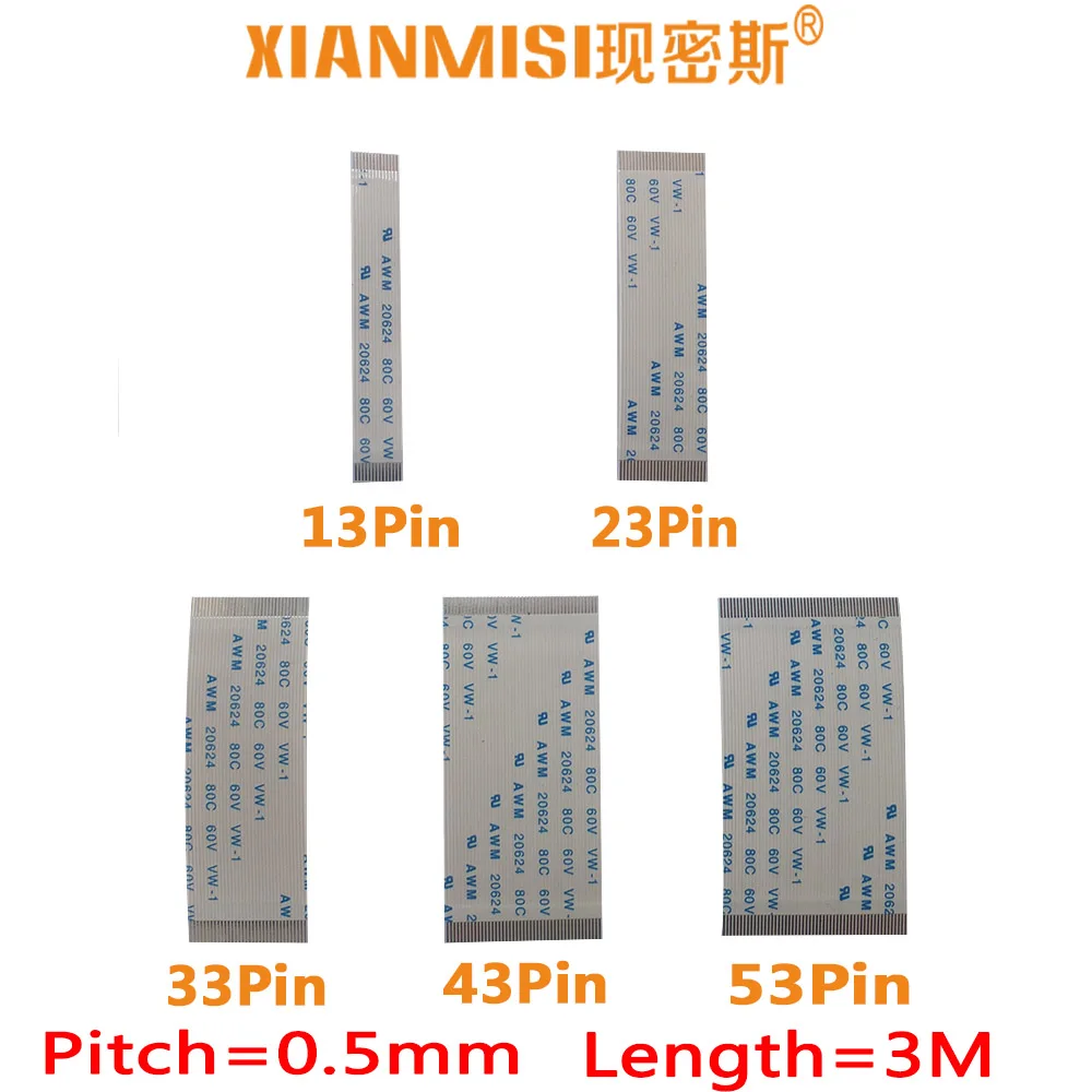 FFC/FPC Flat Flex Cable 13Pin 23Pin 33Pin 43Pin 53Pin Same Side 0.5mm Pitch AWM VW-1 20624 20798 80C 60V Length 3Meter 5PCS | Электроника