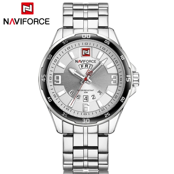 Мужские золотые часы Топ бренд Naviforce 9106 спортивные часы мужские водонепроницаемые полностью Стальные кварцевые армейские военные часы мужские Relogio Masculino - Цвет: Silver White