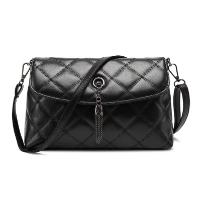 Женская сумка из натуральной кожи, ромбовидная решетка, ромбический узор, тонкая цепочка, кисточка, молния, черные сумки на плечо - Цвет: Black Leather Strap