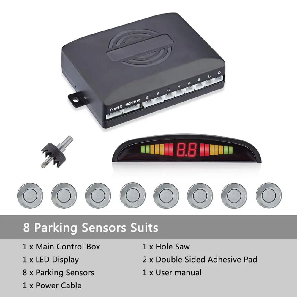 Комплект автомобильных датчиков парковки с 8 датчиками s светодиодный дисплей голосовой обратный резервный Радар монитор детектор Система безопасности оповещения аксессуары - Название цвета: Gray