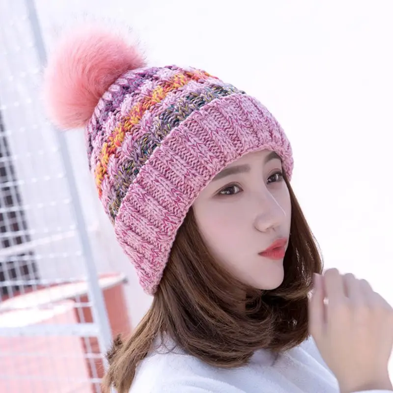 

Women Men Winter Ribbed Knitted Bobble Hat Contrast Color Plain Woolen Cuffed Beanie Cap Thicken With Cute Fluffy Pompom Ball
