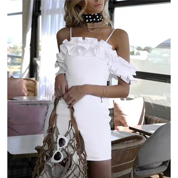 

White Elegant Bandage Dress 2018 New Arrival Fashion Ruffle High Quality Spaghetti Strap Bodycon Evening Party Dresses Vestidos