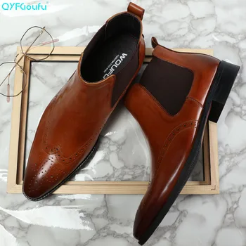 

QYFCIOUFU Brand Handmade Chelsea Boots 2019 Men's Genuine Leather Ostrich Pattern Vintage Boot Ankle Party Office Dress Boots
