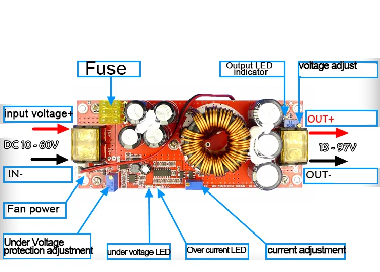 1800 Вт 40A CC CV повышающий преобразователь DC-DC Step Up Питание Регулируемая доска DC 10 В-В 60 в до 12 В-В 90 в DIY Электронный комплект модуль