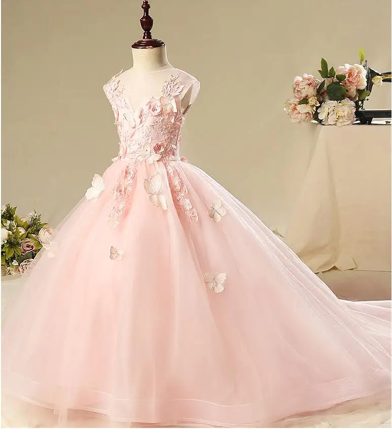 Элегантное Длинное Пышное Платье для девочек с цветочным узором и бусинами; платья для девочек на свадьбу; вечерние платья принцессы для первого причастия